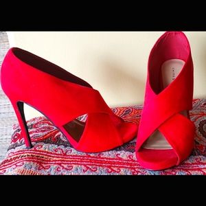 Red open toe high heel sandal pumps ultra suede